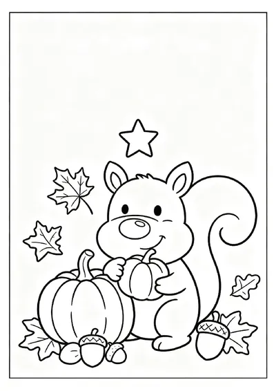 Squirrel With Pumpkins and Acorns coloring page
