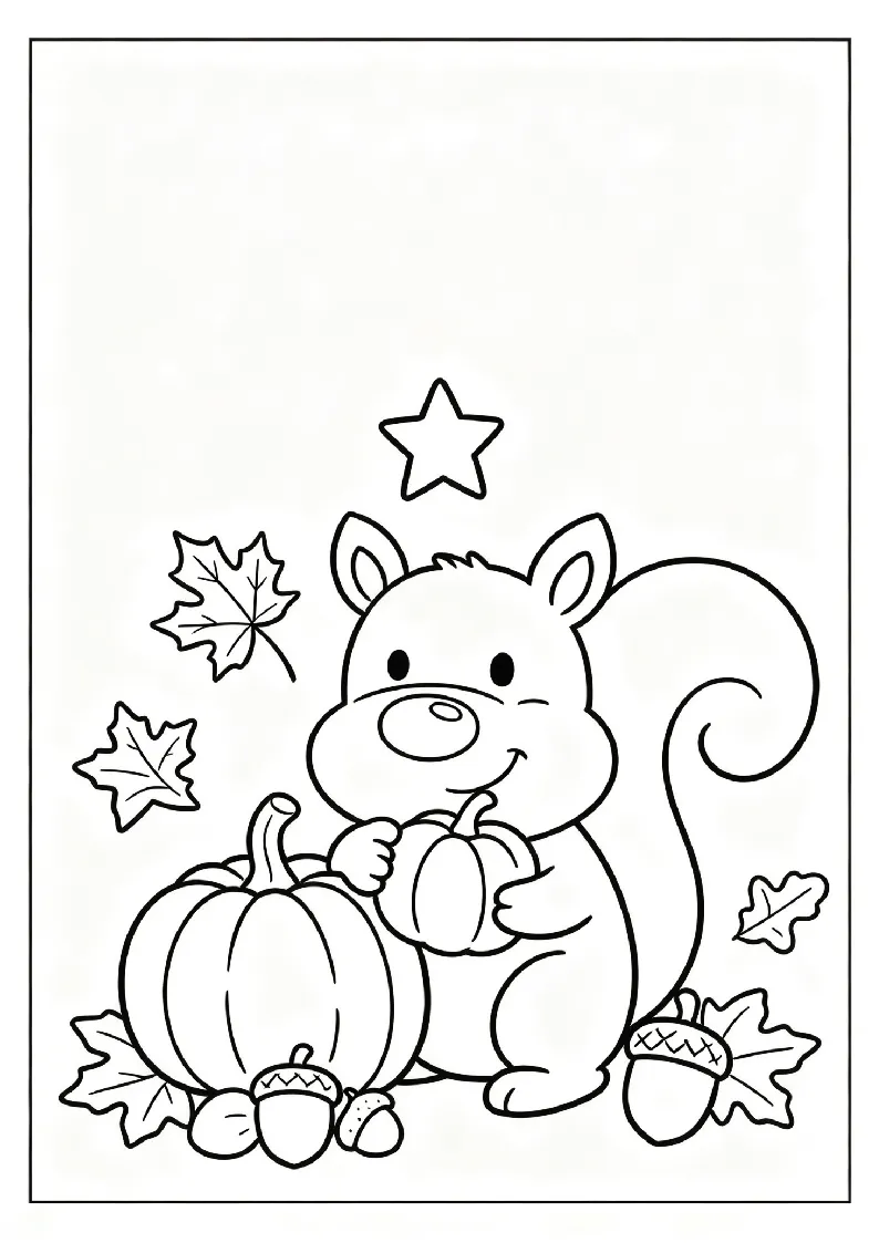 Squirrel With Pumpkins and Acorns coloring page, black outline drawing ready to print