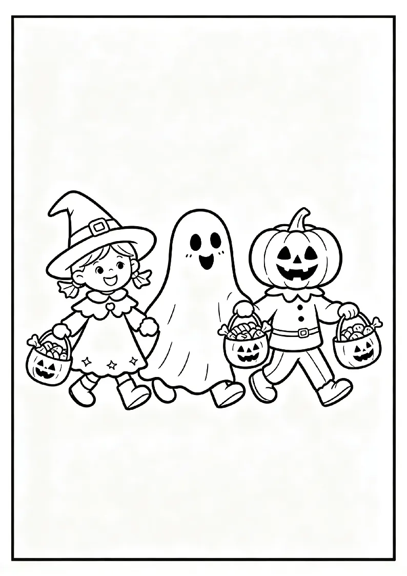 Trick or Treat Kids with Candy Buckets coloring page, black outline drawing ready to print