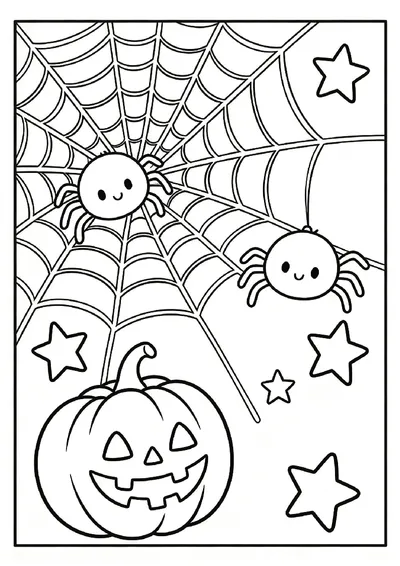 Two Smiling Spiders on a Web With a Jack-o'-Lantern coloring page