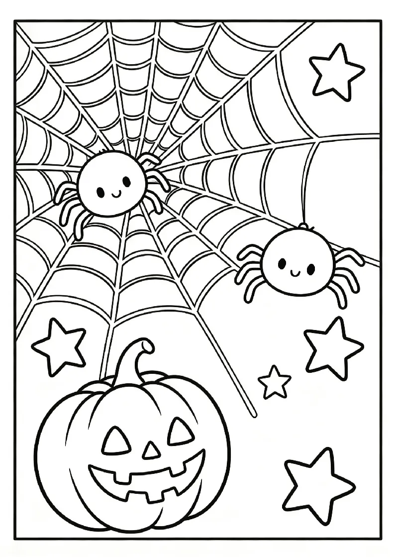 Two Smiling Spiders on a Web With a Jack-o'-Lantern coloring page, black outline drawing ready to print