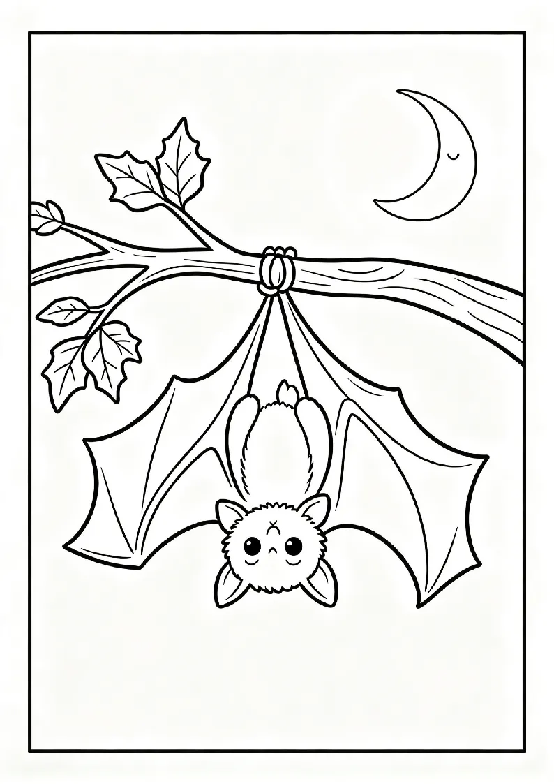 Vampire Bat Hanging Upside Down coloring page, black outline drawing ready to print
