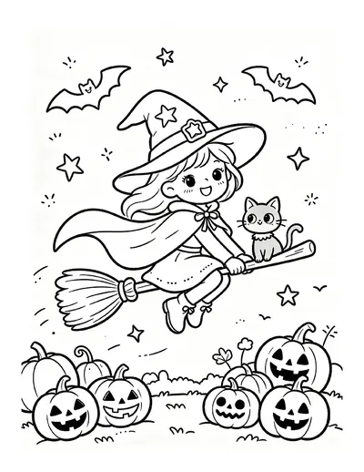 Cute Witch and Cat Flying Over Pumpkins coloring page