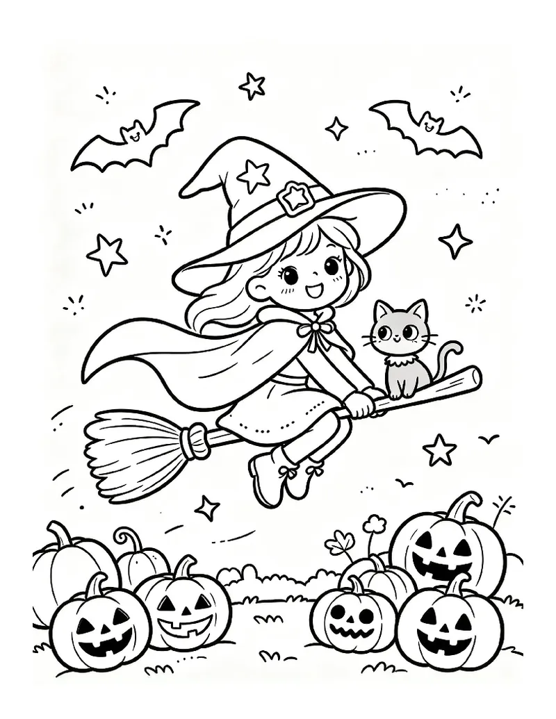 Cute Witch and Cat Flying Over Pumpkins coloring page, black outline drawing ready to print