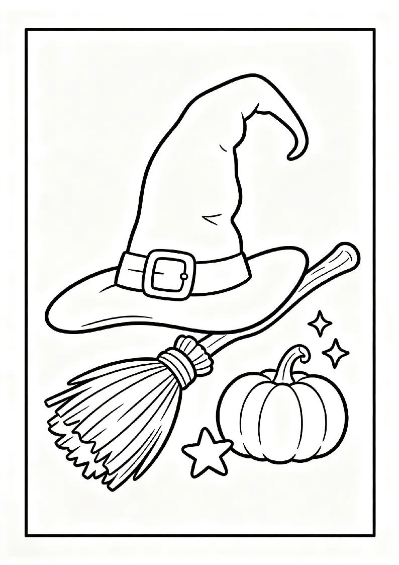 Witch Hat and Broomstick coloring page, black outline drawing ready to print