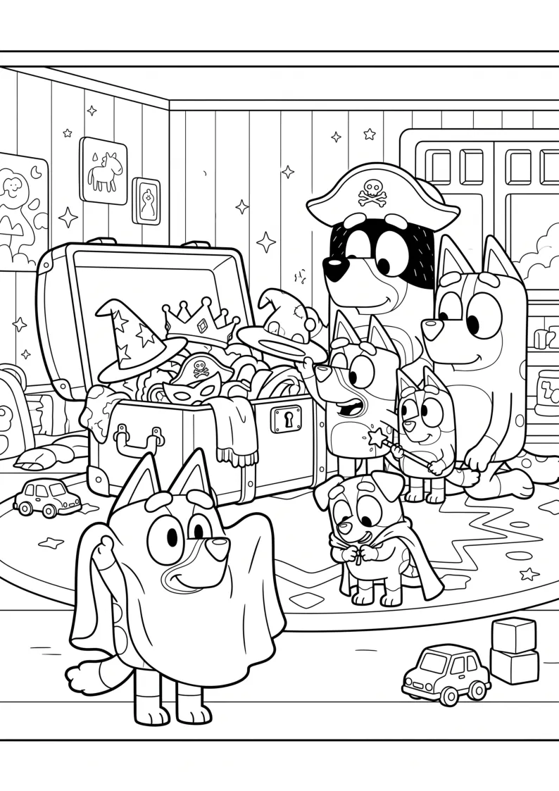 Halloween Costume Chest with the Heeler Family coloring page, black outline drawing ready to print