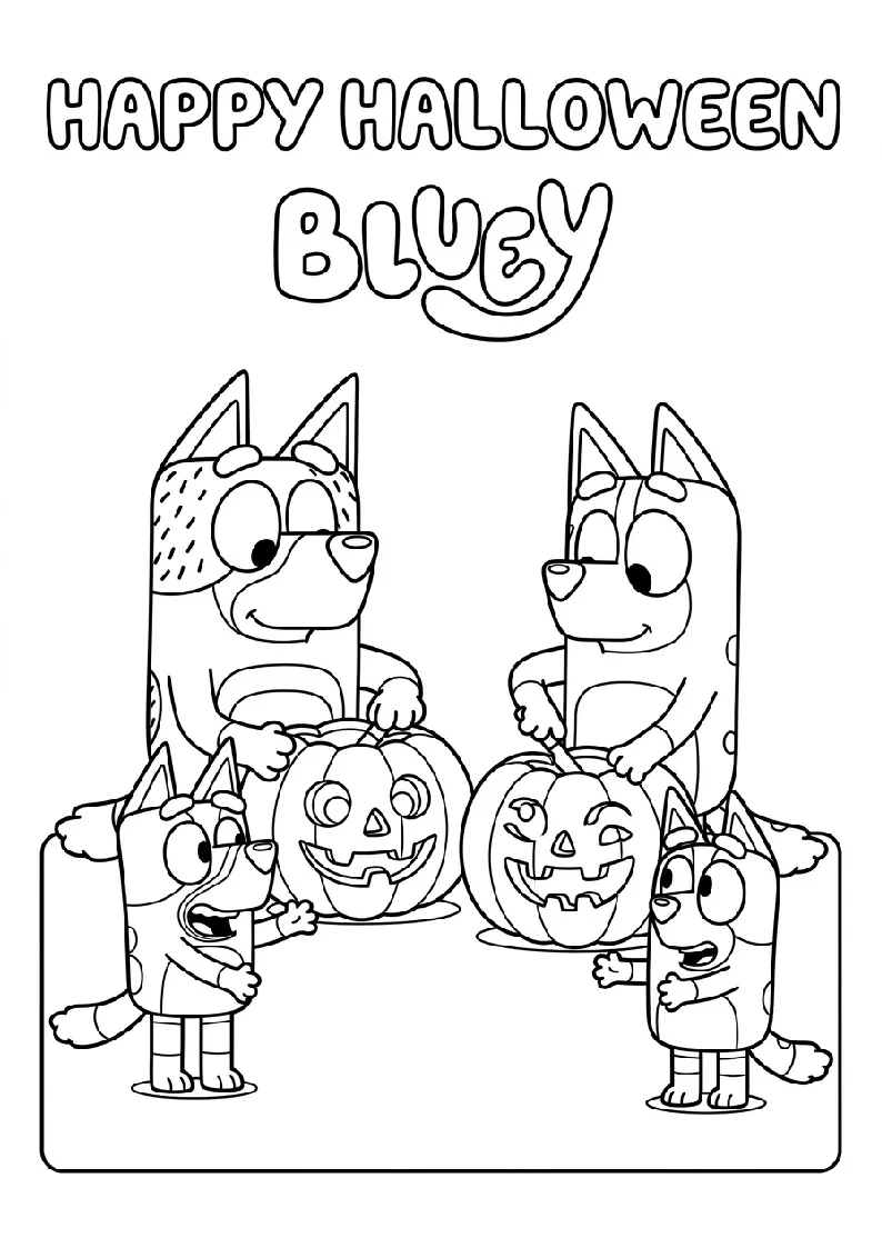 Happy Halloween Pumpkin Carving with the Family coloring page, black outline drawing ready to print