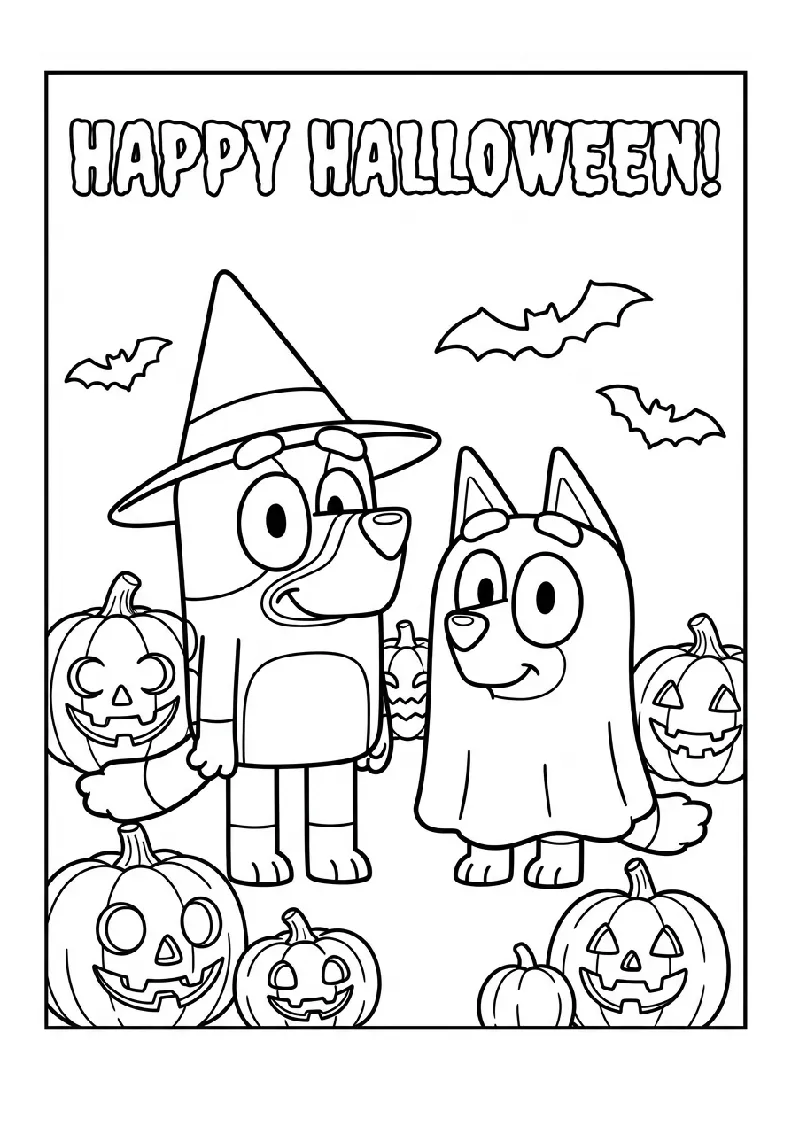 Happy Halloween with a Witch Hat and Ghost Costume coloring page, black outline drawing ready to print