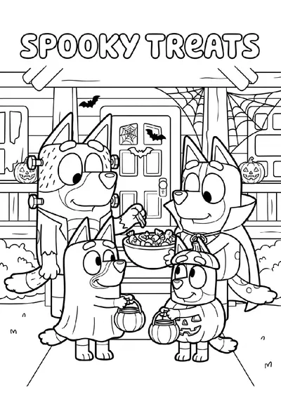 Happy Halloween with Bluey and Bingo coloring page