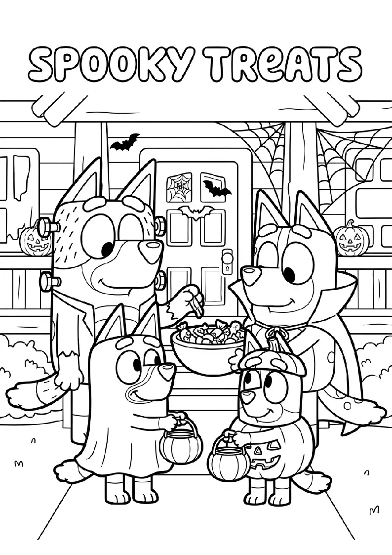 Happy Halloween with Bluey and Bingo coloring page, black outline drawing ready to print