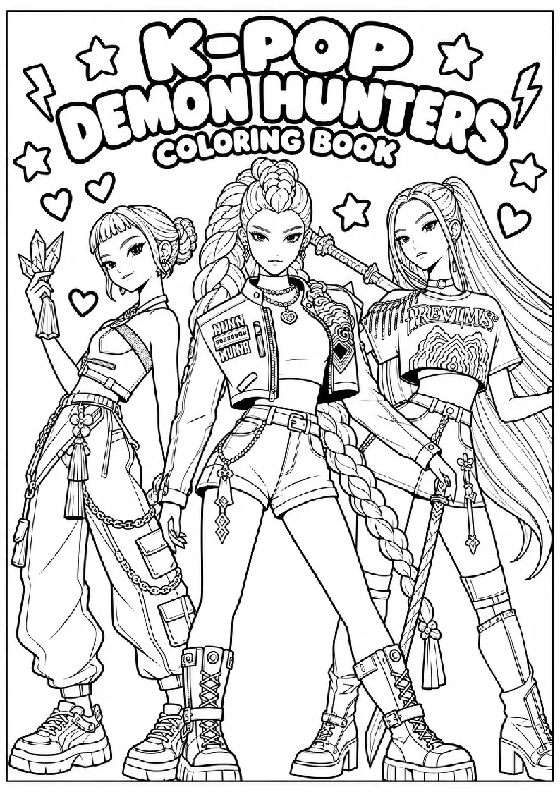 K Pop Demon Hunters Trio Adventure coloring page, black outline drawing ready to print