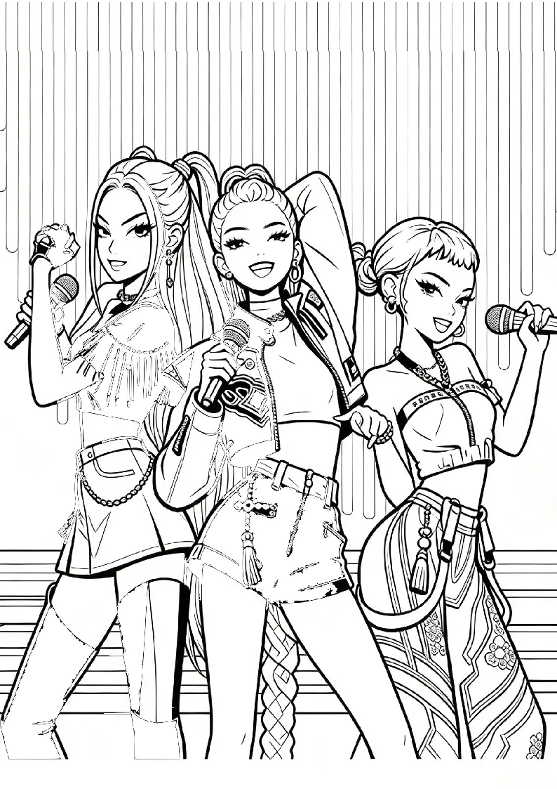 K Pop Idols Singing Together coloring page, black outline drawing ready to print