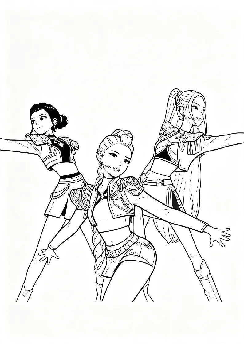 K Pop Warriors Stage Dance coloring page, black outline drawing ready to print