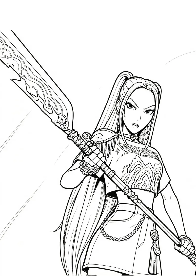 Mira's Powerful Demon Sword coloring page, black outline drawing ready to print