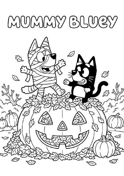 Mummy Bluey on a Giant Jack O Lantern coloring page