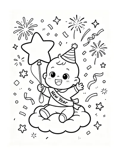 Baby New Year With Sash, Top Hat and a Star Balloon coloring page