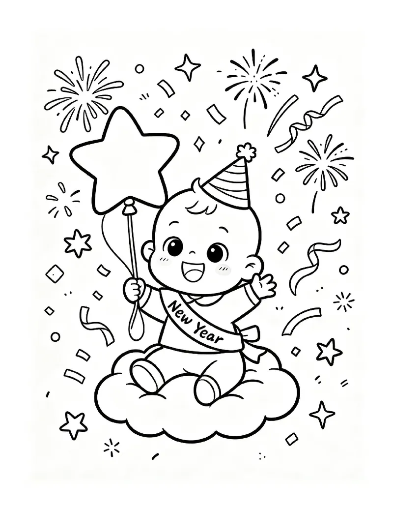 Baby New Year With Sash, Top Hat and a Star Balloon coloring page, black outline drawing ready to print
