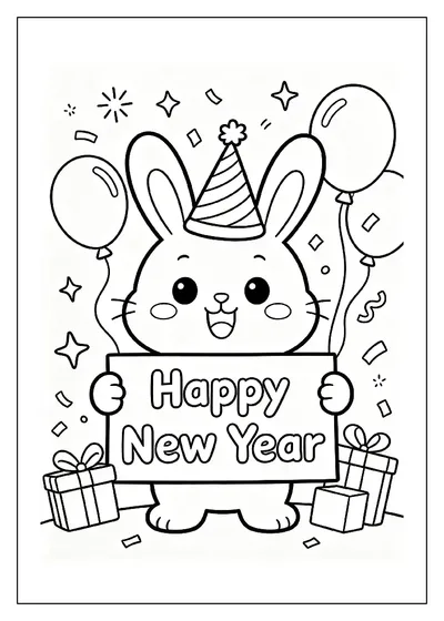 Bunny Holding a Happy New Year Sign coloring page