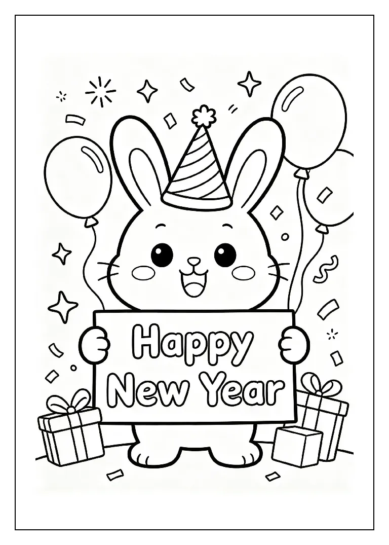 Bunny Holding a Happy New Year Sign coloring page, black outline drawing ready to print