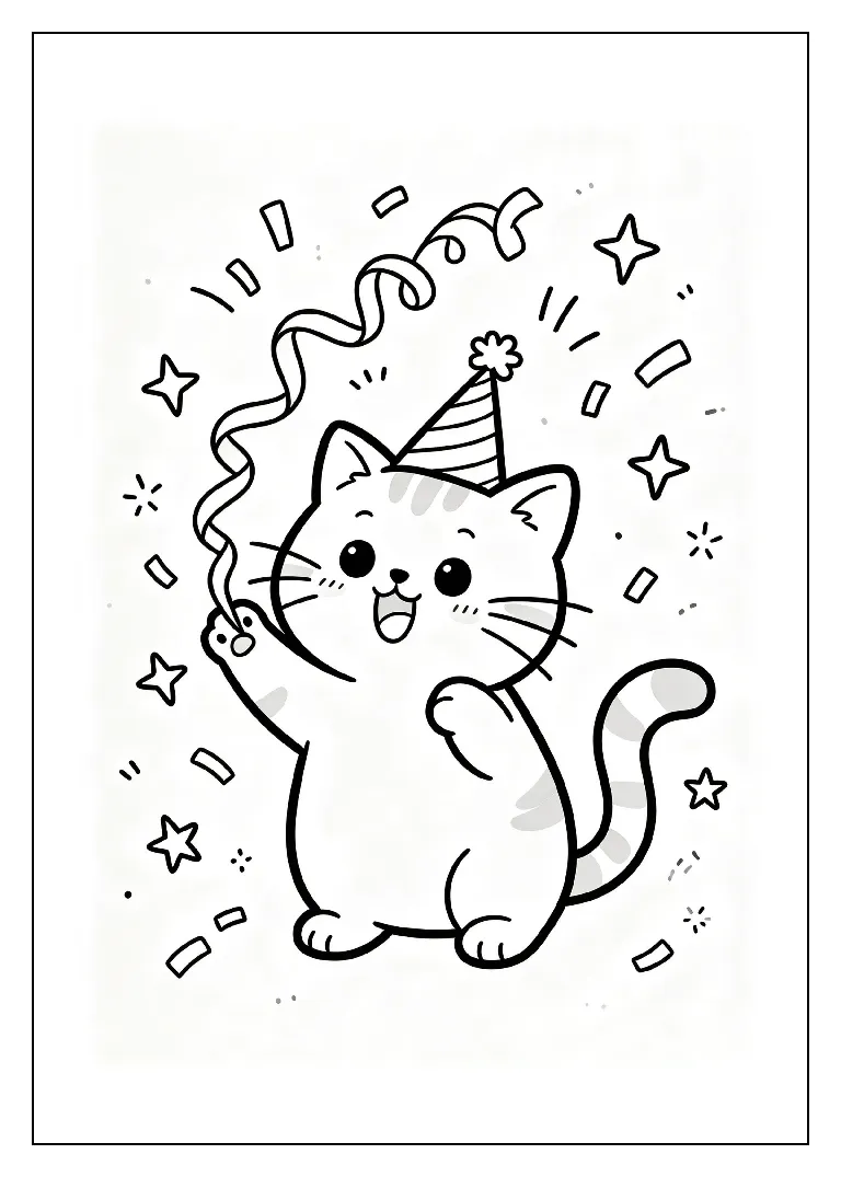 Cat Playing with a Party Streamer coloring page, black outline drawing ready to print
