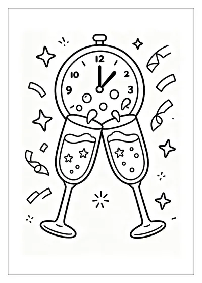Champagne Glasses Clinking at Midnight coloring page