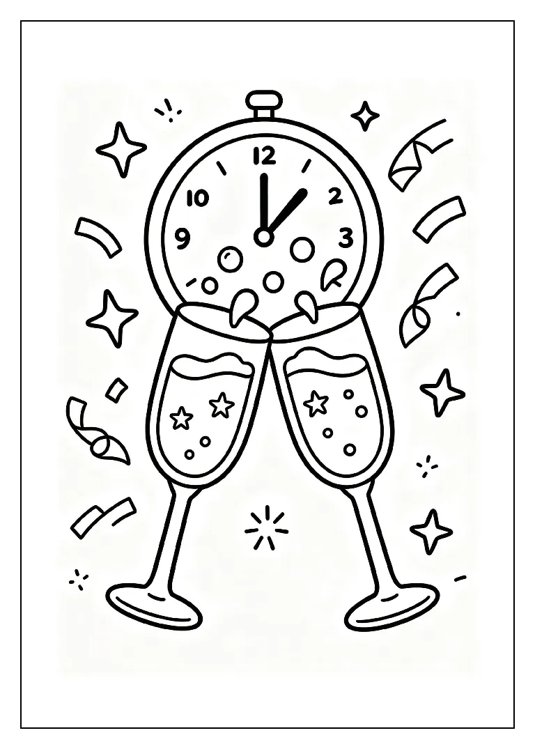 Champagne Glasses Clinking at Midnight coloring page, black outline drawing ready to print