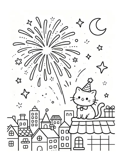 Fireworks Over a City Skyline With a Cat Watching coloring page