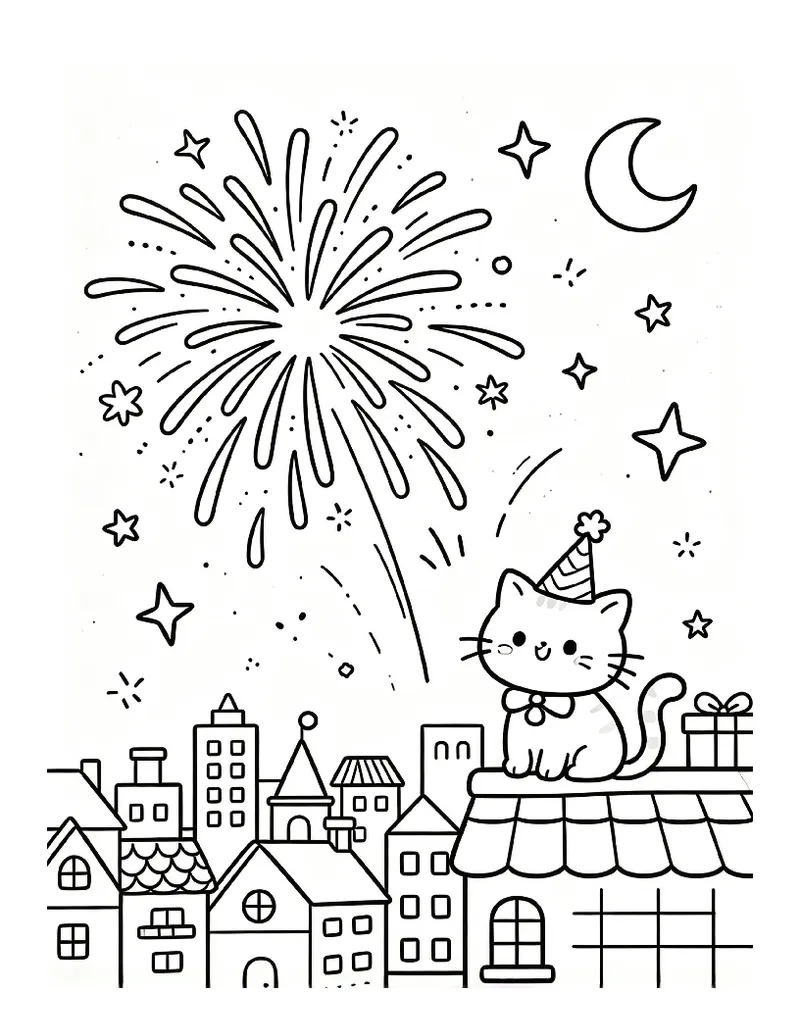 Fireworks Over a City Skyline With a Cat Watching coloring page, black outline drawing ready to print