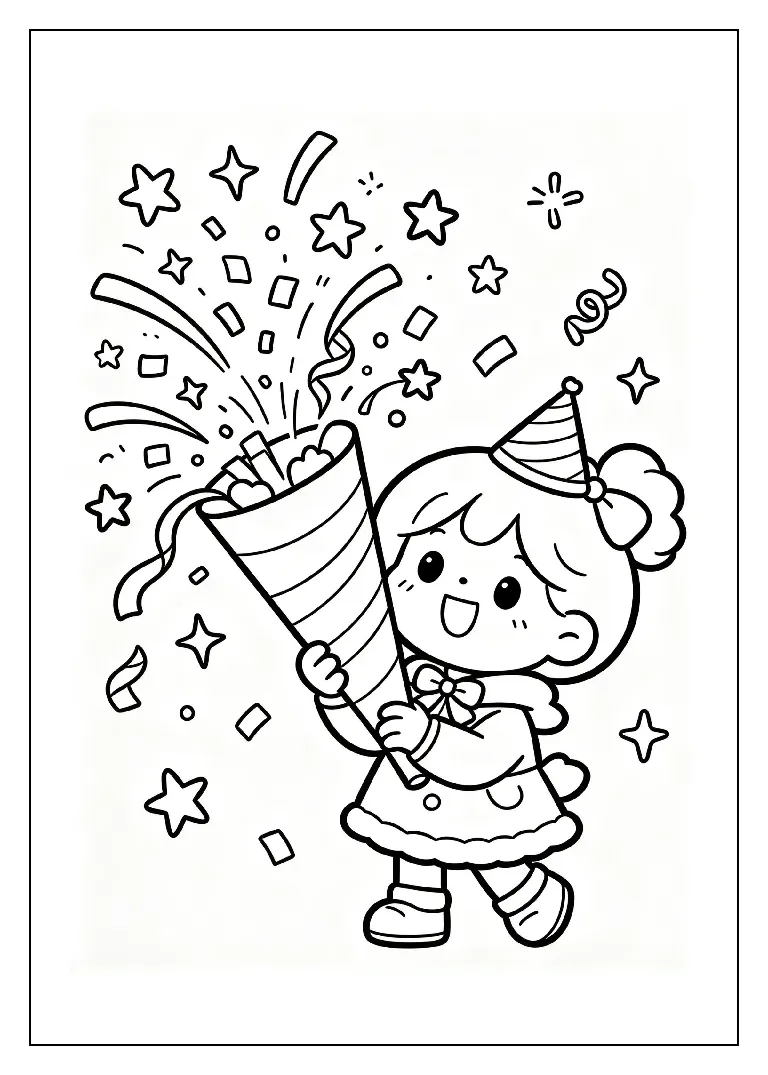 Confetti Cannon with Falling Stars coloring page, black outline drawing ready to print