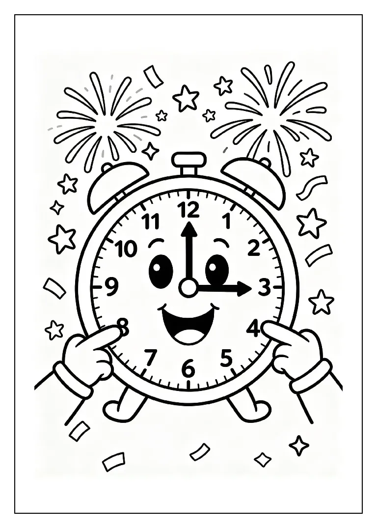 Countdown Clock Striking Twelve coloring page, black outline drawing ready to print
