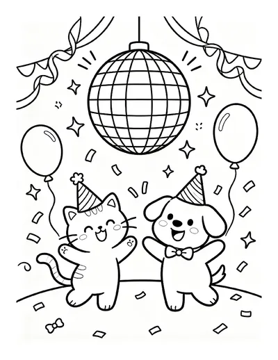 Disco Ball Party With a Dancing Cat and Dog coloring page