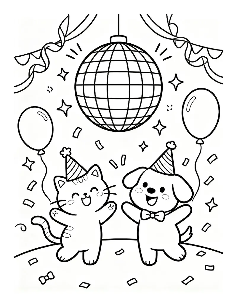 Disco Ball Party With a Dancing Cat and Dog coloring page, black outline drawing ready to print