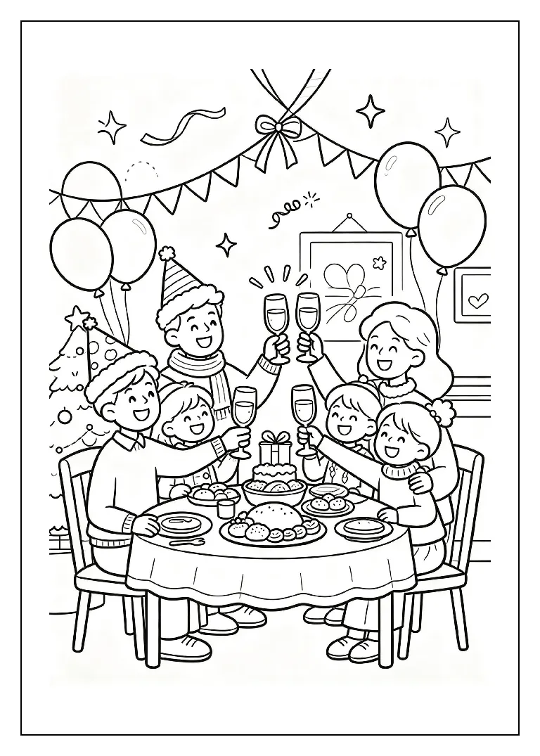 Family Toast around a Holiday Table coloring page, black outline drawing ready to print