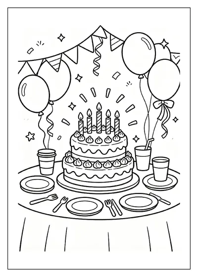 Festive Table with Cake and Streamers coloring page