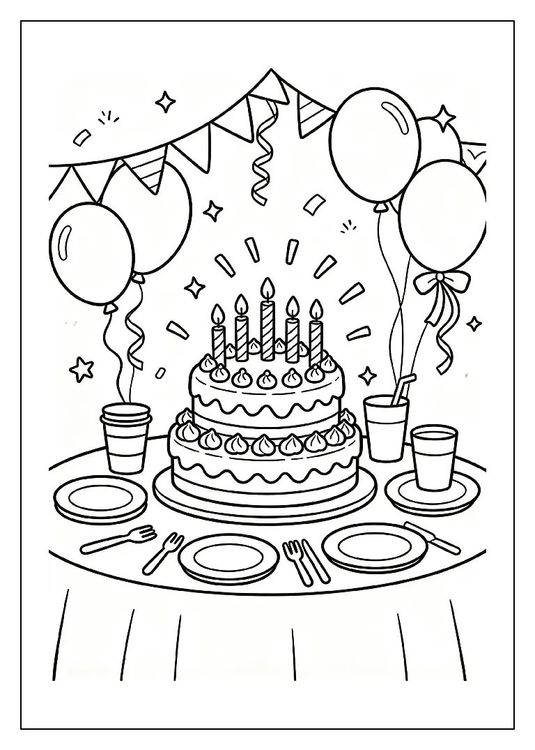 Festive Table with Cake and Streamers coloring page, black outline drawing ready to print