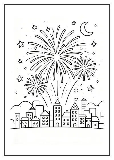 Fireworks Bursting Over a City Skyline coloring page