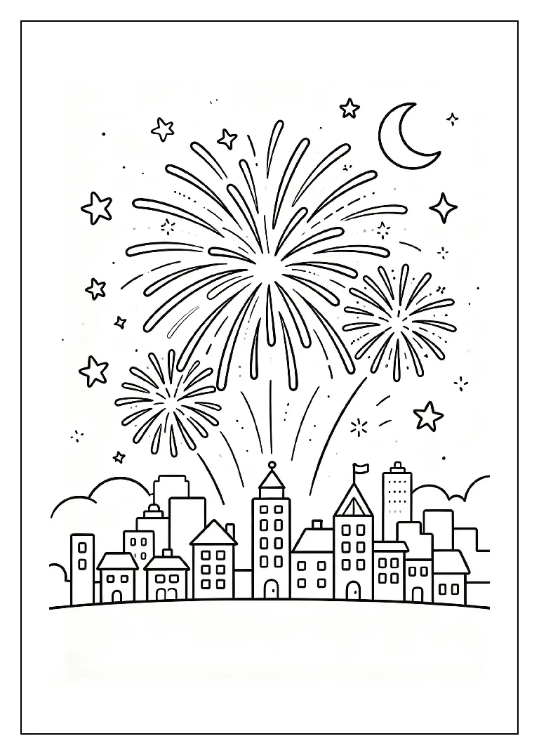 Fireworks Bursting Over a City Skyline coloring page, black outline drawing ready to print