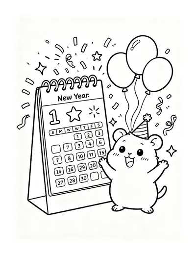 Hamster Cheering by a New Year Calendar coloring page
