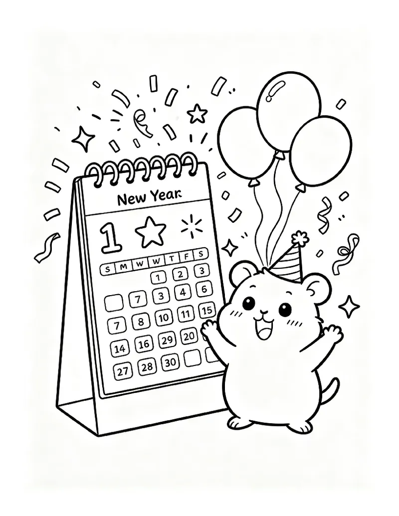 Hamster Cheering by a New Year Calendar coloring page, black outline drawing ready to print