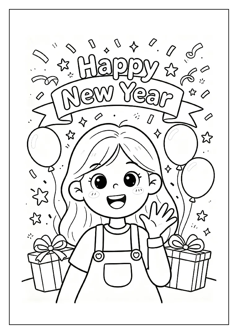Happy New Year Banner with Confetti coloring page, black outline drawing ready to print