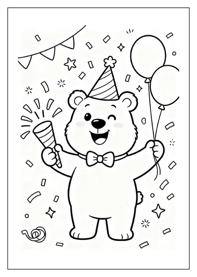 Happy New Year Bear Wearing a Party Hat coloring page