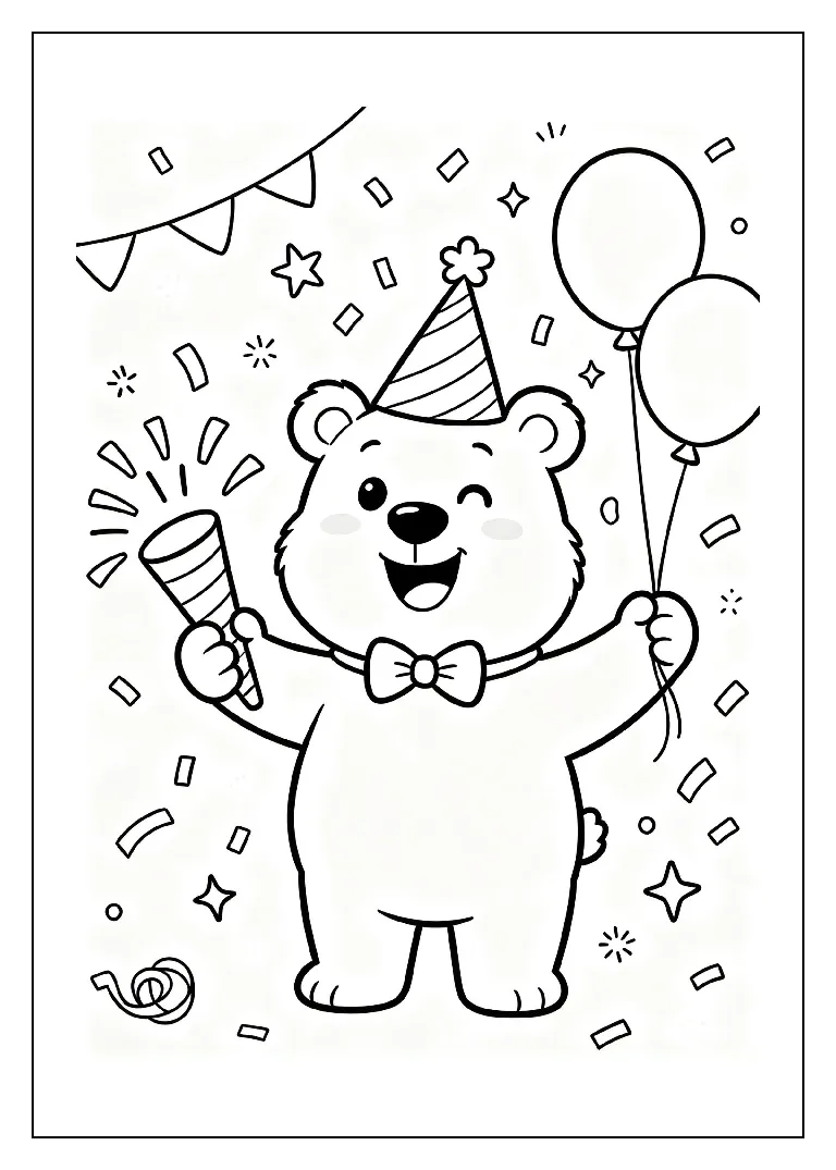Happy New Year Bear Wearing a Party Hat coloring page, black outline drawing ready to print