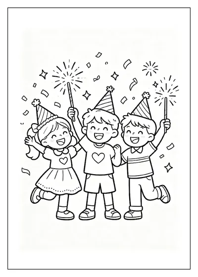 Kids Cheering with Sparklers coloring page