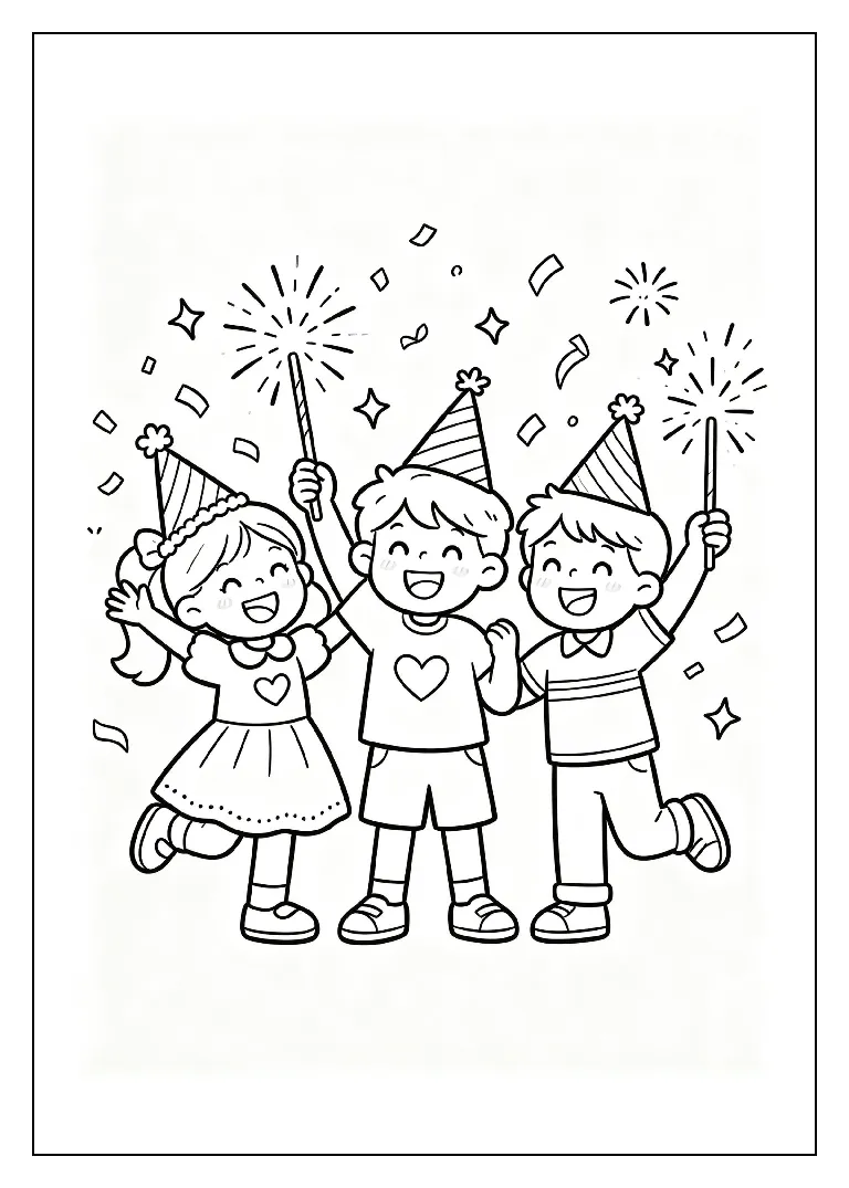 Kids Cheering with Sparklers coloring page, black outline drawing ready to print