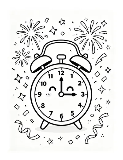 Smiling Clock Striking Midnight With Fireworks coloring page