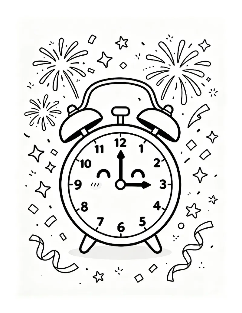 Smiling Clock Striking Midnight With Fireworks coloring page, black outline drawing ready to print
