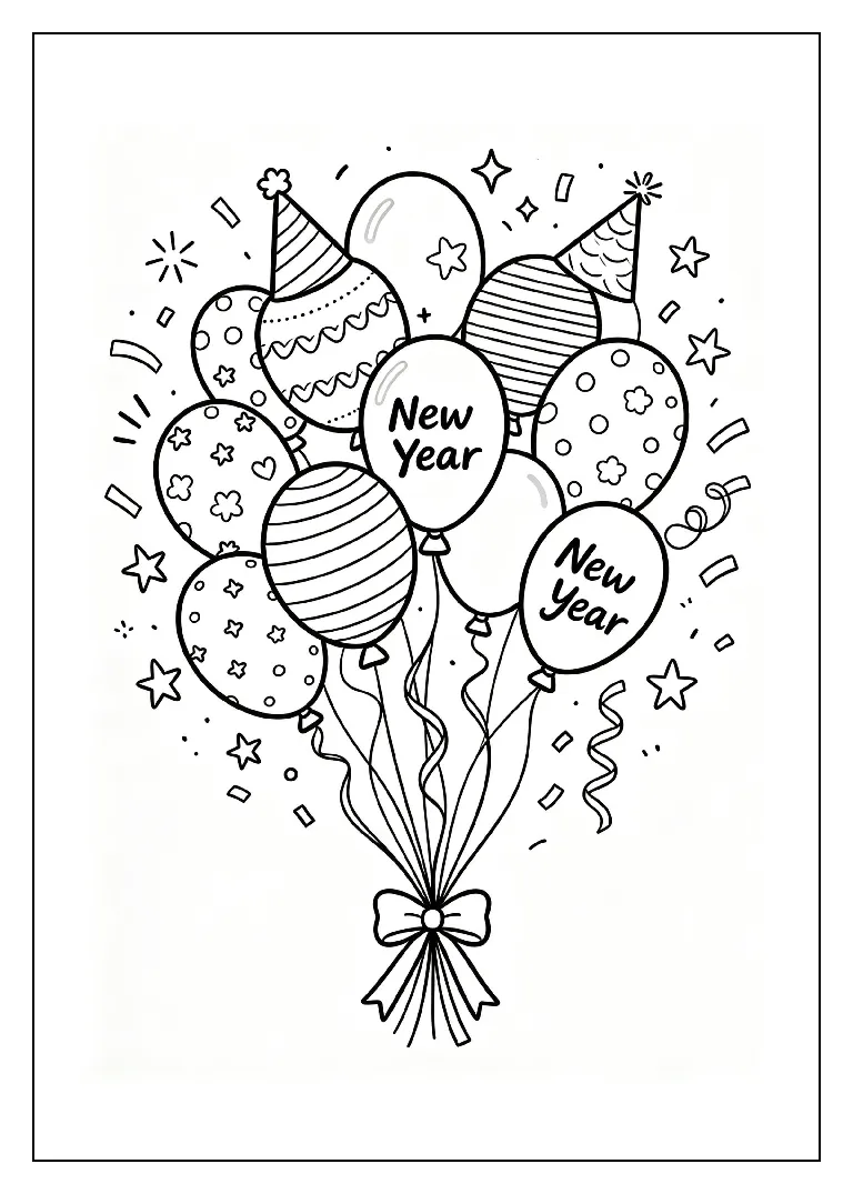 New Year Balloons Floating Upward coloring page, black outline drawing ready to print