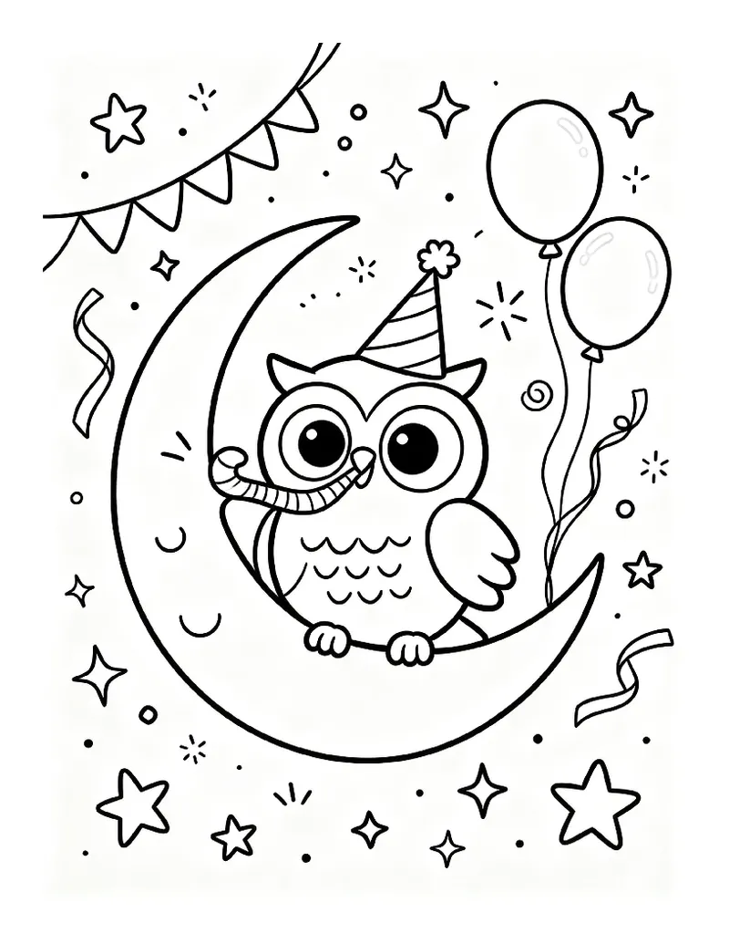 Owl Blowing a Party Horn on the Crescent Moon coloring page, black outline drawing ready to print