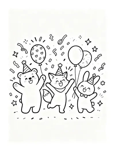 Bear, Fox and Bunny Party Animals With Balloons coloring page