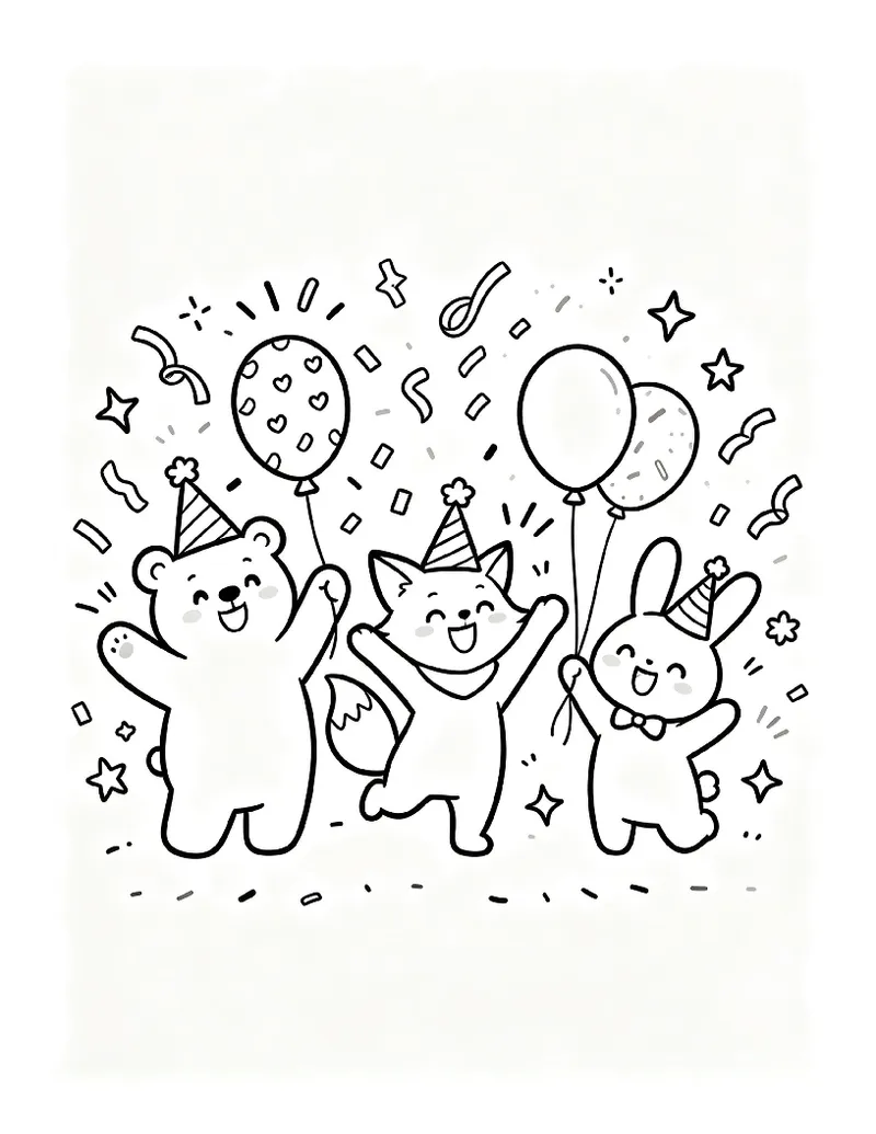 Bear, Fox and Bunny Party Animals With Balloons coloring page, black outline drawing ready to print